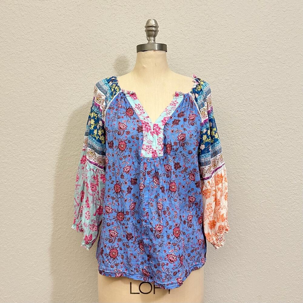 SUNDANCE Blouse Womens M Petite Floral Cotton V-Neck Balloon Sleeve Boho Peasant